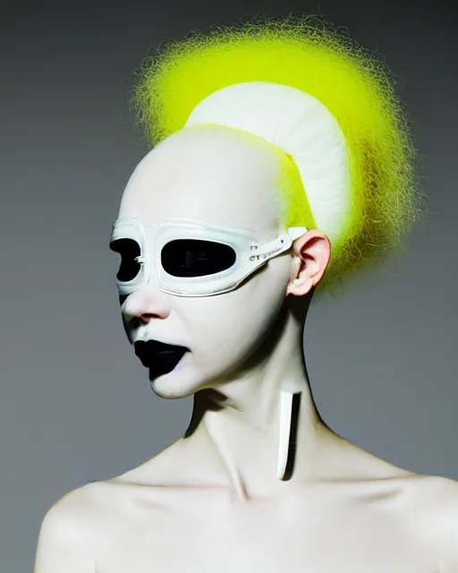 Image similar to portrait of a woman wearing a white embroidered translucent silicone mask and white neon yellow frizzy hair buns, wearing a black bodysuit by alexander mcqueen, cream white background, soft diffused light, biotechnology, humanoide robot, bjork aesthetic, translucent, by rineke dijkstra, intricate details, highly detailed, masterpiece,