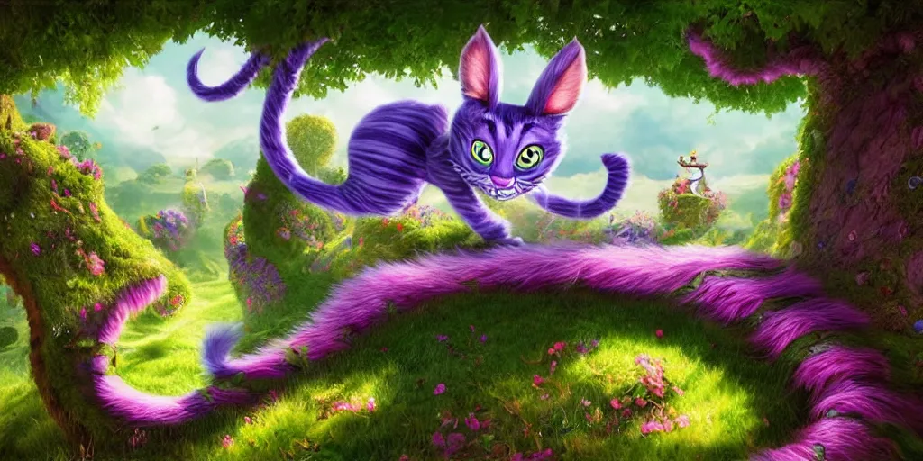 Image similar to The Cheshire Cat, Alice in wonderland, colorful, wide angle, super highly detailed, professional digital painting, artstation, concept art, smooth, sharp focus, no blur, no dof, extreme illustration, Unreal Engine 5, Photorealism, HD quality, 8k resolution, cinema 4d, 3D, beautiful, cinematic, art by artgerm and greg rutkowski and alphonse mucha and loish and WLOP