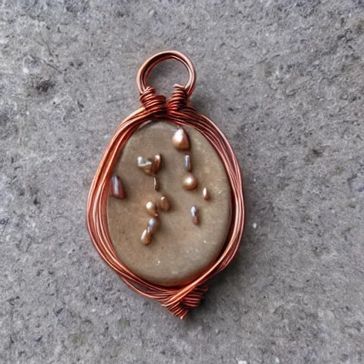 Prompt: beautiful but simple amulet made from sandstone and dirtstone, bound together by copper wire