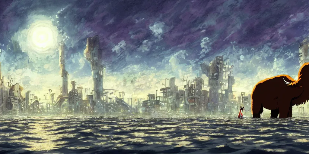 Image similar to a realistic cell - shaded studio ghibli concept art from paprika ( 2 0 0 6 ) of a giant wooly mammoth in a flooded futurist city on a misty starry night. very dull colors, wide shot, hd, 4 k, hq