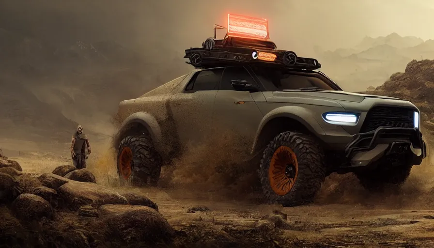 Prompt: an offroad concept suv designed by ram and ford, kingsman, artstation, an epic fantasy, cinematic lighting, hyper realistic, photographic, sharp focus, by greg rutkowski and wolp