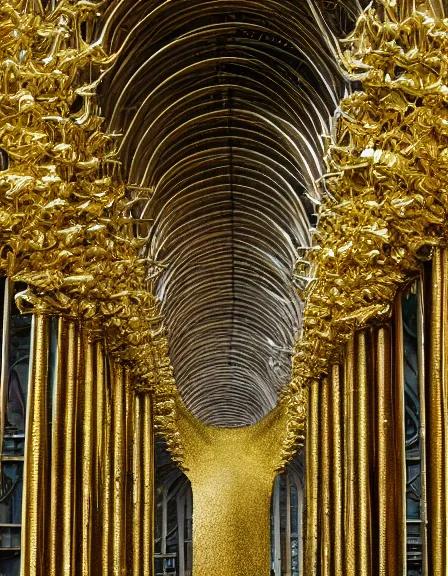 Prompt: photography of a sculpture made of gold in the jungle, beautiful great arches and spaces, massive scale, architectural photography by iwan baan