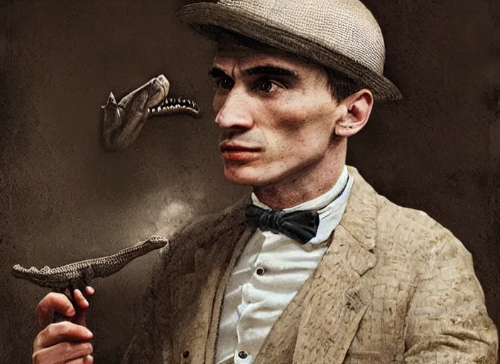 Image similar to thomas shelby as a alligator, lowbrow, matte painting, 3 - d highly detailed, in the style of mark ryden,