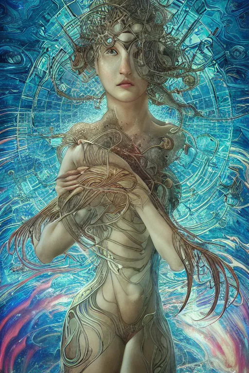 Image similar to swimming through time, inter dimensional clockwork, metaphysical implosion, by artgerm and yoshitaka amano and moebius and hr giger and zdislaw beksinski and alphonse mucha, hyperdetailed, symmetry, glamour, surreal, dc comics, ornate, stunning, nebula, explosions in the sky, trending on artstation