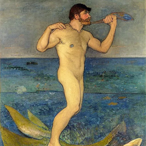 Prompt: male merlock holmes mermaid with a big mermaid tail sitting at the bottom of the sea under water in the style of jules bastien - lepage