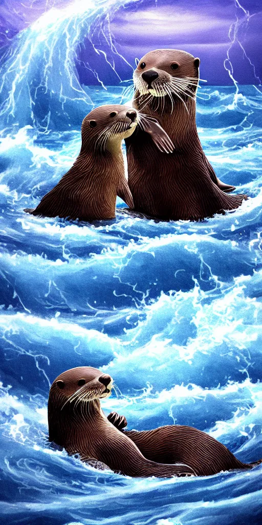 Image similar to An adorable Otter saving his wife from the whirlpool, in love holding hands side by side, in the middle of a super scary storm at sea, thunder, lightning, waves, fantasy illustration, cinematic, award winning, romantic, detailed trending on artstation, masterpiece