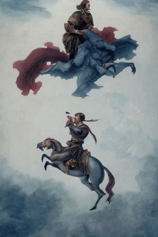 Prompt: of an athletic and elegant man with a mustache looking like Guillaume Briant riding a Dragon above Bordeaux, in the style of Game of Throne 8th season very matte colors, mysterious and misty