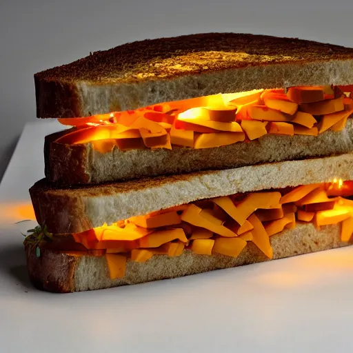 Prompt: sandwich of led lights with seitan and cheddar, studio photo, amazing light