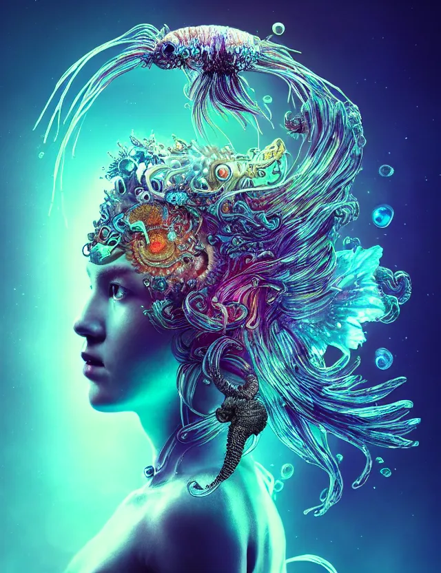 Image similar to goddess macro close - up portrait in crown made of ram skull. betta fish, jellyfish phoenix, bioluminiscent, plasma, ice, water, wind, creature, super intricate ornaments artwork by tooth wu and wlop and alena aenami and greg rutkowski