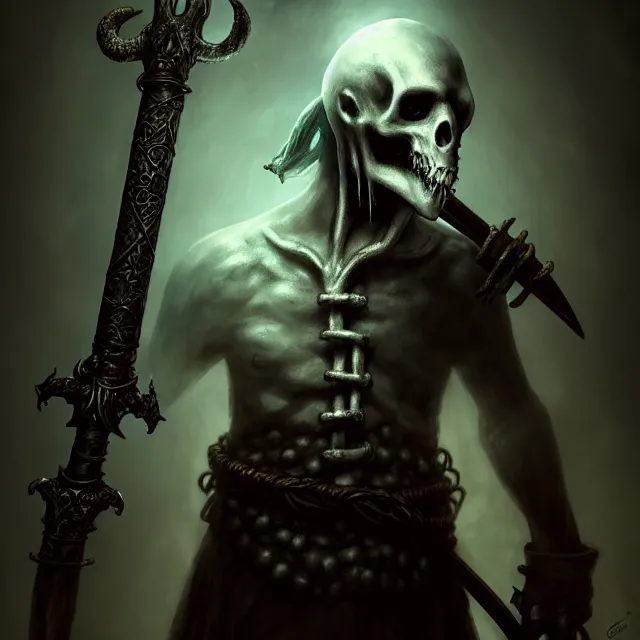 Image similar to photo of a ghostly pirate head and torso, holding a sword and standing in a grotto, photorealistic, dark, lovecraft, paul carrick, atmospheric lighting, painted, intricate, ultra detailed, well composed, best on artstation, cgsociety, epic, stunning, gorgeous, intricate detail, wow, masterpiece