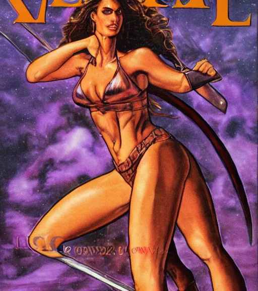 Image similar to 1 9 8 0 s fantasy novel book cover, amazonian eva mendes in extremely tight bikini armor wielding a cartoonishly large sword, exaggerated body features, dark and smoky background, low quality print