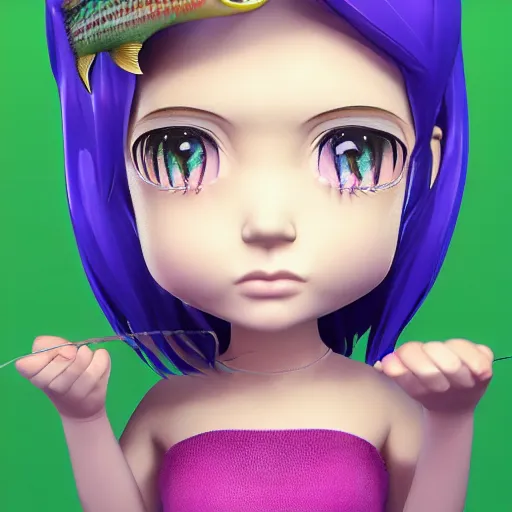 Prompt: a digital painting of a girl with a fish on her head, chibi, by antonio mello, 3 d nft, nendoroid 3 d, cyberpunk artm, cgsociety, seapunk, anime aesthetic, rendered in maya