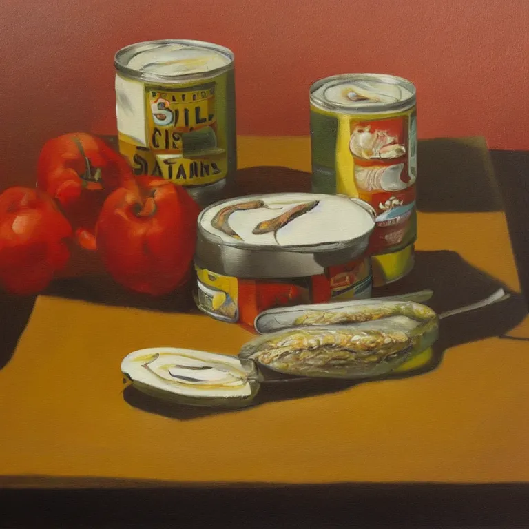 Image similar to a surreal still life light oil painting of a can of sardines ona table by libby haines