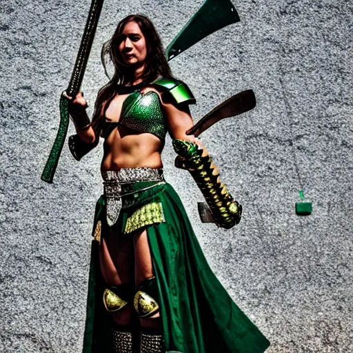 Image similar to photo of a real-life beautiful female warrior with emerald encrusted armour