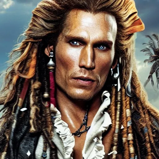 Prompt: Live Action Still of Jerma as a pirate in Pirates of the Caribbean, real life, hyperrealistic, ultra realistic, realistic, highly detailed, epic, HD quality, 8k resolution, body and headshot, film still