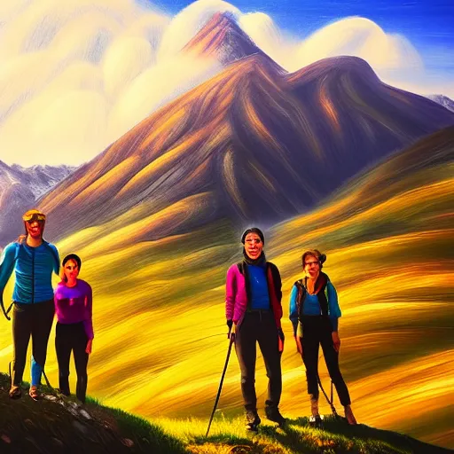 Image similar to of team in Armenia hiking at a weekend and posing with mountains on the background, the word Willow is in view like one in Hollywood, elegant, highly detailed, digital painting, volumetric light, artstation,, smooth, sharp focus, professional photos
