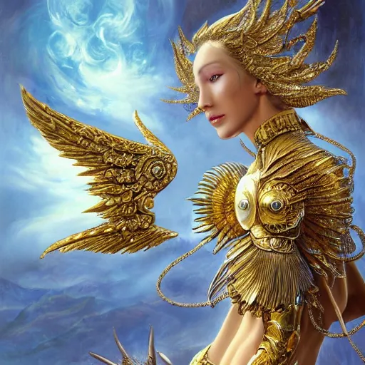 Image similar to a beautiful angel with a golden helmet wearing a silver armor with golden ornaments and diamonds jewelry, wings by alex gray and android jones, karol bak, ayami kojima, amano, concept art, character design, fantasy, 3 d, 8 k resolution