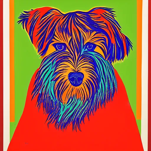 Image similar to tlingit haida lithograph, portrait of havanese dog, simplified forms, multiple colors, print by tristan - wolf reg davidson clifton guthrie maynard johnny jr.