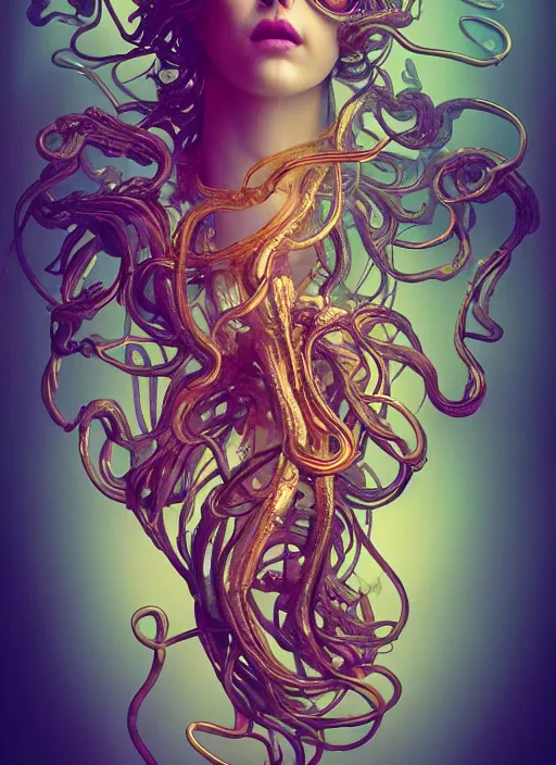 Prompt: subsurface scattering, medusa made of soft wax, cgsociety, translucent, wooden art nouveau swirls, biomechanical, colored smoke, gold cables, in the style of alberto seveso and beeple and giger, mystical colors, back light, rim light, dramatic lighting, 8 k, stunning scene, raytracing, octane render