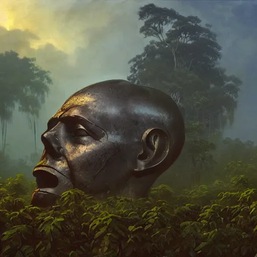 Prompt: giant cut off statue of libertys head lying sideways on the ground reclaimed by the jungle .surrounded by tall vines in oversized misty jungle, moody sunset and dramatic sky , oil painting by frazetta, low angle, postapocalyptic, cinemascope panorama