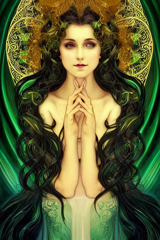 Prompt: a magic the gattering illustration of a woman angel , fantasy, gradient black green gold, dreamy and ethereal, green eyes, golden ratio, peaceful expression, ornate frilly dress, fantasy, intricate, elegant, rainbow splash of ink, highly detailed, digital painting, artstation, concept art, smooth,b sharp focus, illustration, art by scott fisher and alphonse mucha