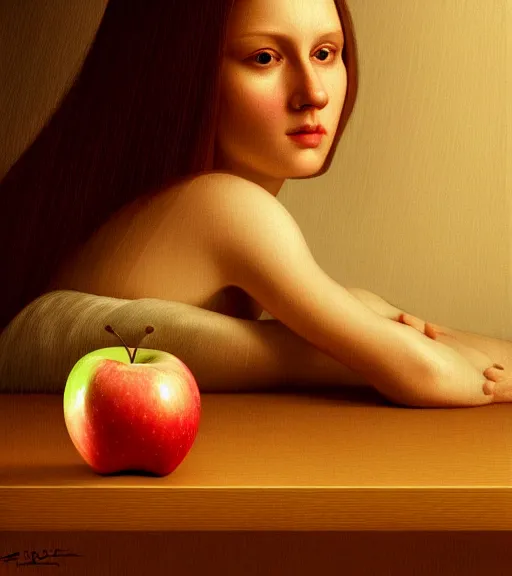 Image similar to portrait of an apple sitting upon a table with heightened detail, poised, intense emotion, detailed facial expression, detailed surroundings, intricate, elegant, highly detailed, centered, digital painting, artstation, concept art, smooth, sharp focus, illustration, by ( leonardo da vinci ), wlop