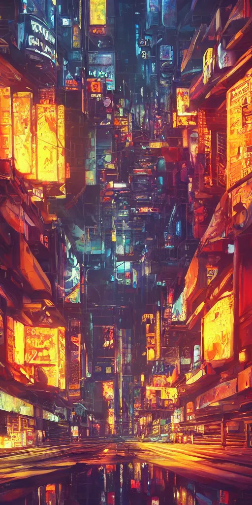 Prompt: an epic painting of the city street road, oil on canvas, cold colors, perfect composition, golden ratio, beautiful detailed, photorealistic, digital painting, artstation, concept art, smooth, sharp focus, illustration, cyberpunk background, artstation trending, octane render, unreal engine