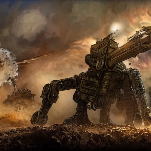Prompt: a high fantasy WW1 heavy weapons mech attacking the enemy trench in the style of desielpunk/steampunk/decopunk detailed realistic High Resolution HD 8k