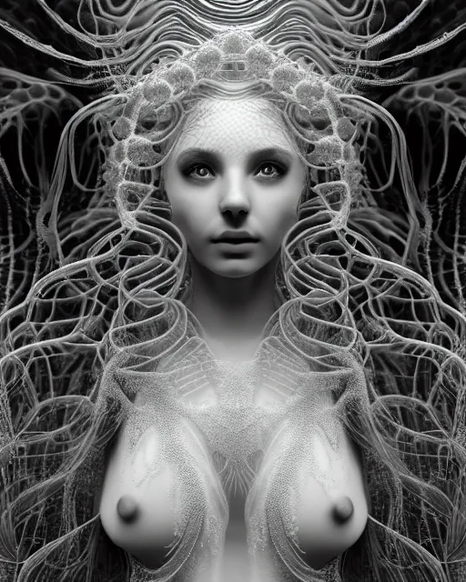 Image similar to surreal mythical dreamy underwater artistic black and white 3 d render of a translucent beautiful young female angelic - medusa - vegetal - doll with her face covered with fish scales, highly detailed, intricate crystal ivy jelly fish scales ornate, poetic, translucent algae ornate, digital art, octane render, 8 k artistic photography, photo - realistic, hg giger flora borsi