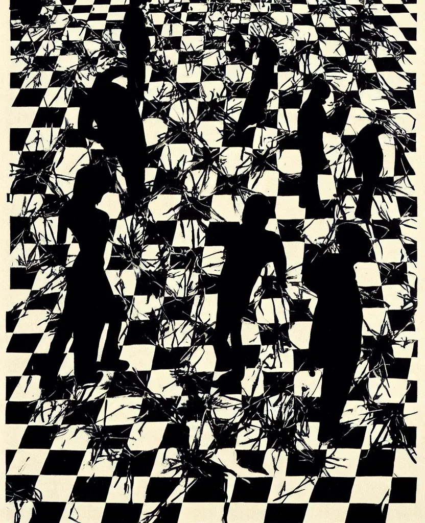 Prompt: a couple of people standing on top of a checkered floor, a poster by syd barrett, behance, neo - expressionism, black arts movement, poster art, indigo dye - transfer, artwork, 1 9 9 0 s