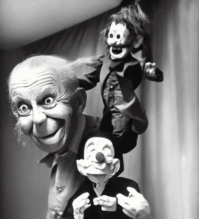 Image similar to hyper realistic old 1 9 8 0 photography of lunatic mad scared ventriloquist old man with terrific haunted small human faced puppet