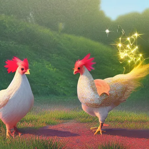 Prompt: magical sparkling chickens frolicking in a field, photorealistic, hyperrealistic, 8 k