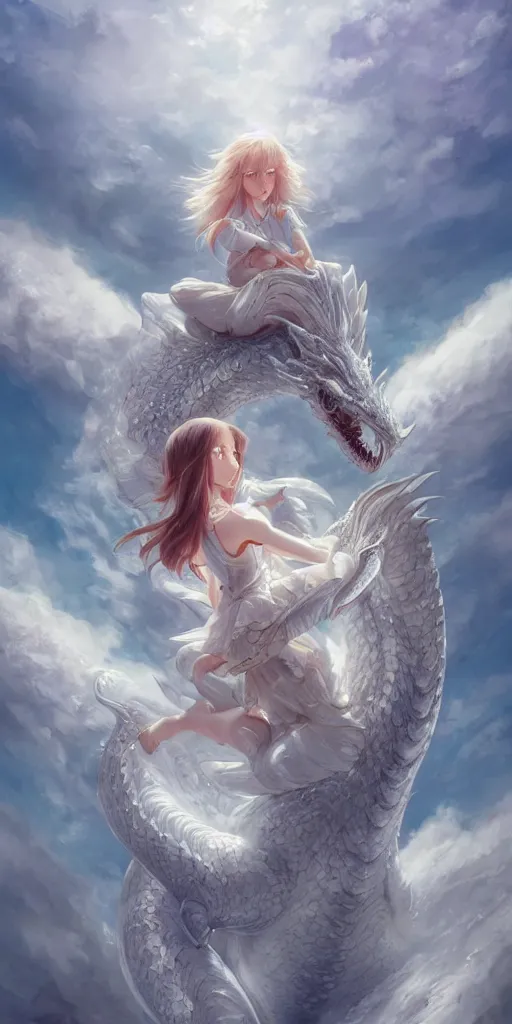 Image similar to the beautiful hyper detailed portrait render that a beautiful princess sitting on the back of a huge silver white dragon alone in fairyland surrounded by white clouds, finely detailed angelic face delicate features, style of studio ghibli, makoto shinkai, raphael lacoste, artgerm, james jean, ross tran, animation style, hd, ultra wide angle