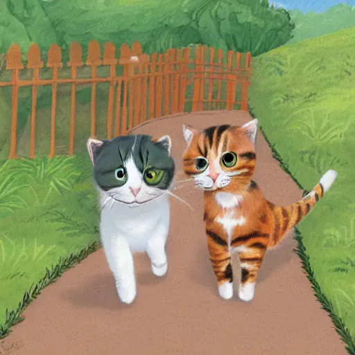 Image similar to two calico cats walking together outside on a beautiful day, cute storybook illustration