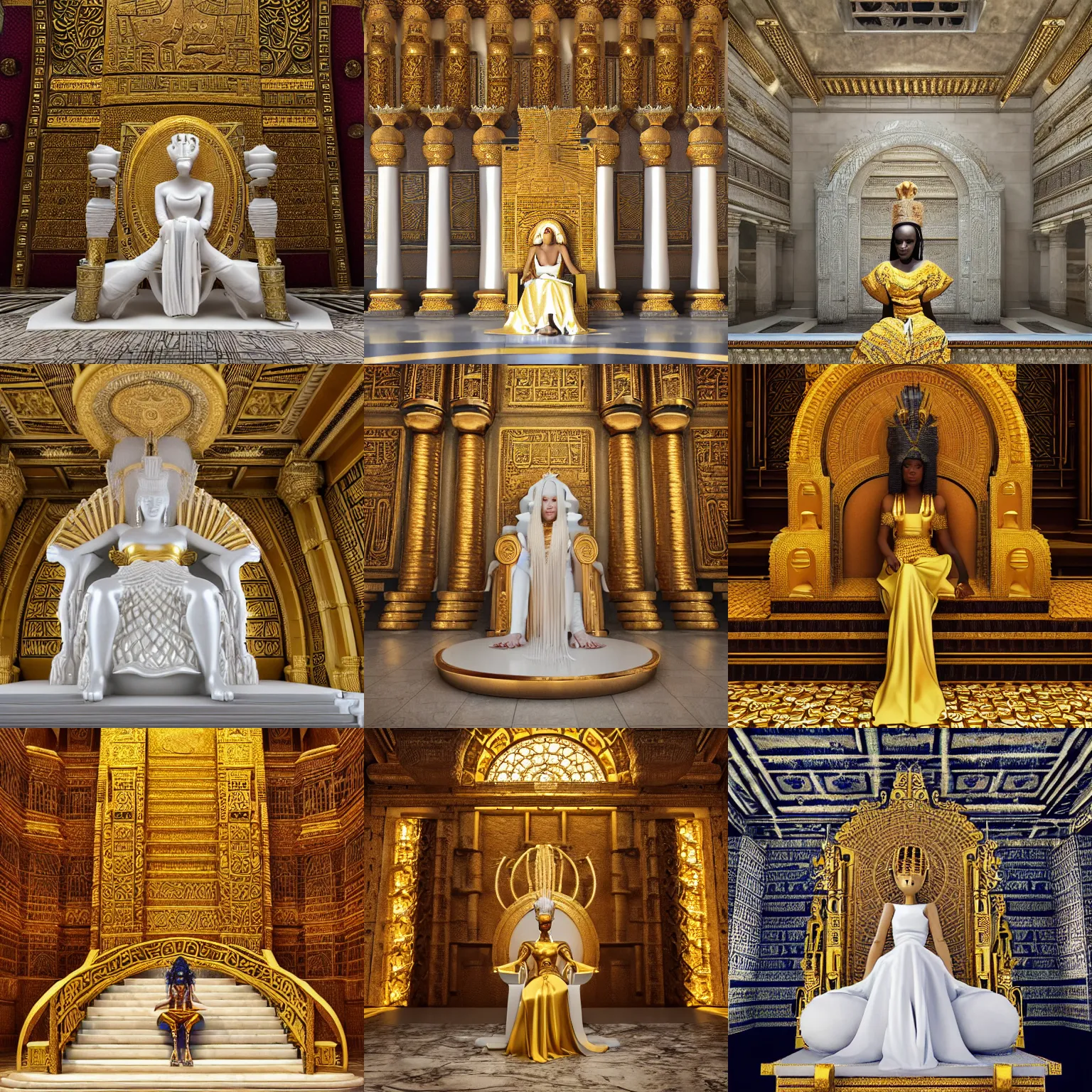 Prompt: a breathtakingly gorgeous albino Senegalese queen seated on her golden throne in the royal hall in the year 8794, afrofuturism, a massive grand staircase of marble behind her, on the crystal walls are ancient and revered hieroglyphics, cgi, sfx, unreal 5, DAZ, hyperrealistic, octane render, RPG portrait, ambient light, dynamic lighting, rule of thirds