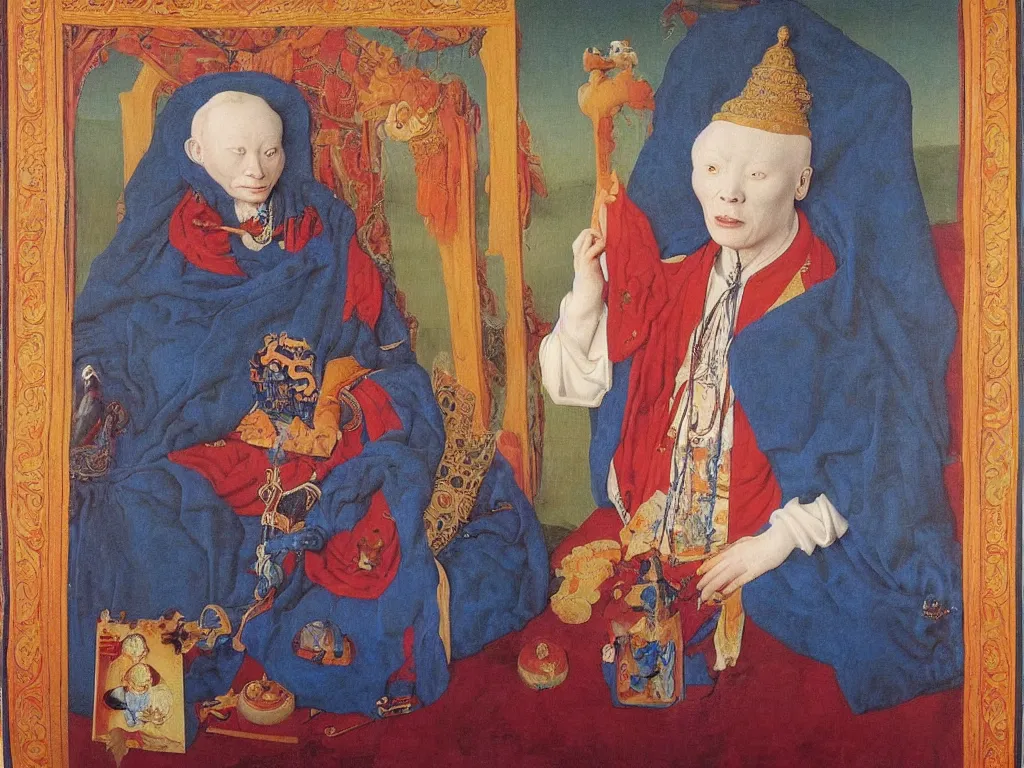 Prompt: Portrait of albino mystic with blue eyes, with Tibetan thangka. Painting by Jan van Eyck, Audubon, Rene Magritte, Agnes Pelton, Max Ernst, Walton Ford