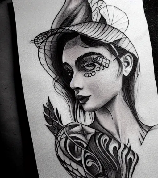 Image similar to tattoo design sketch of a beautiful girl with a faded mountain background, in the style of den yakovlev, black and white, realism tattoo, hyper realistic, highly detailed