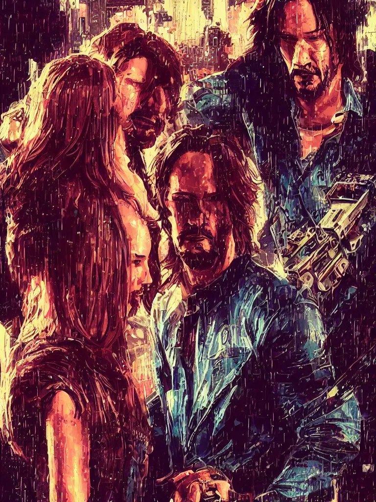 Image similar to a movie srcreenshot couple portrait of Keanu Reeves and V final kiss in cyberpunk 2077,love,film lighting,by Laurie Greasley,Lawrence Alma-Tadema,Andrei Riabovitchev,Dan Mumford,John Wick,Speed,Replicas,artstation,deviantart,FAN ART,full of color,Digital painting,face enhance,highly detailed,8K,octane,golden ratio,cinematic lighting