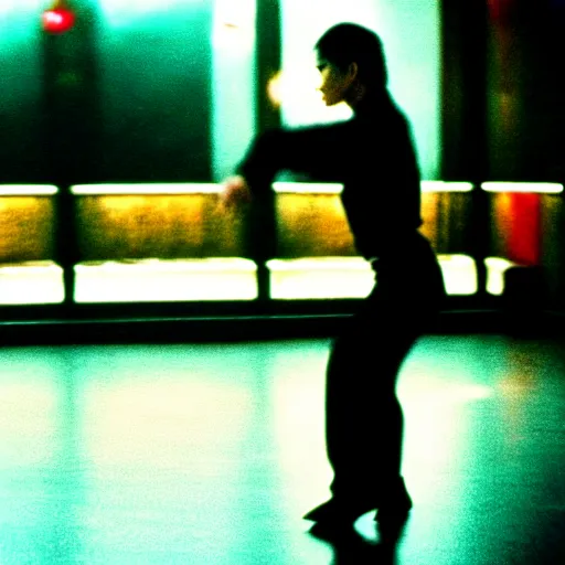 Image similar to wong kar wai dancing love movie scene. wide angle 9 mm lens, close up