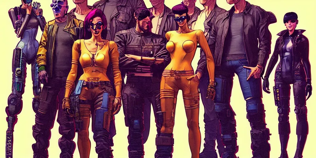 Image similar to cyberpunk heist crew. portrait by stonehouse and mœbius and will eisner and gil elvgren and pixar. character design. realistic proportions. dystopian. cyberpunk 2 0 7 7 character art, blade runner 2 0 4 9 concept art. cel shading. attractive face. thick lines. the team. detailed interesting characters.