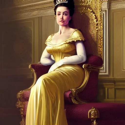 Prompt: kneeling before a proud queen, sitting in a chair while posing for a photo, royal gown, golden detailing, medium shot, intricate, elegant, highly detailed, digital painting, volumetric light, artstation, concept art, smooth, sharp focus, illustration, art by Gil Elvgren and Greg Rutkowski and Alphonse Mucha, 8K