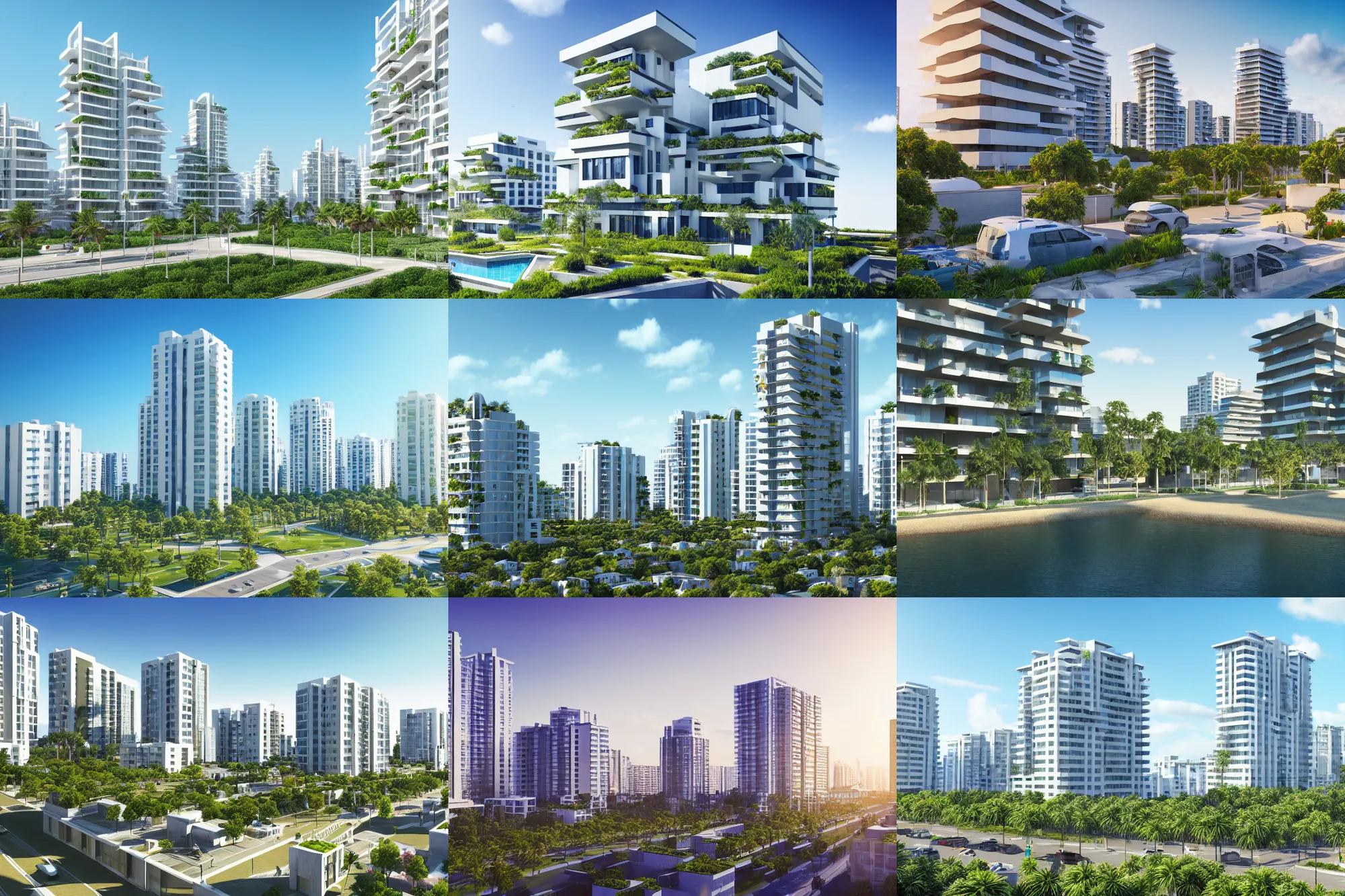 Prompt: render of a city with beautiful modern homes, designed for cozy aesthetics!, beachfront, highrise business district, energy efficiency and maximizing plants and greenery, keyshot render, sunny sky light, high resolution, professional