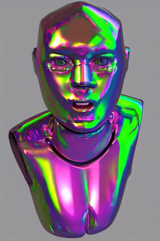Image similar to 3d render of holographic angry human robotic screaming angry bust made of glossy iridescent, screaming, bust, surrealistic 3d illustration of a human non-binary, non binary model, 3d model human, cryengine, made of holographic texture, holographic material, holographic rainbow, concept of cyborg and artificial intelligence