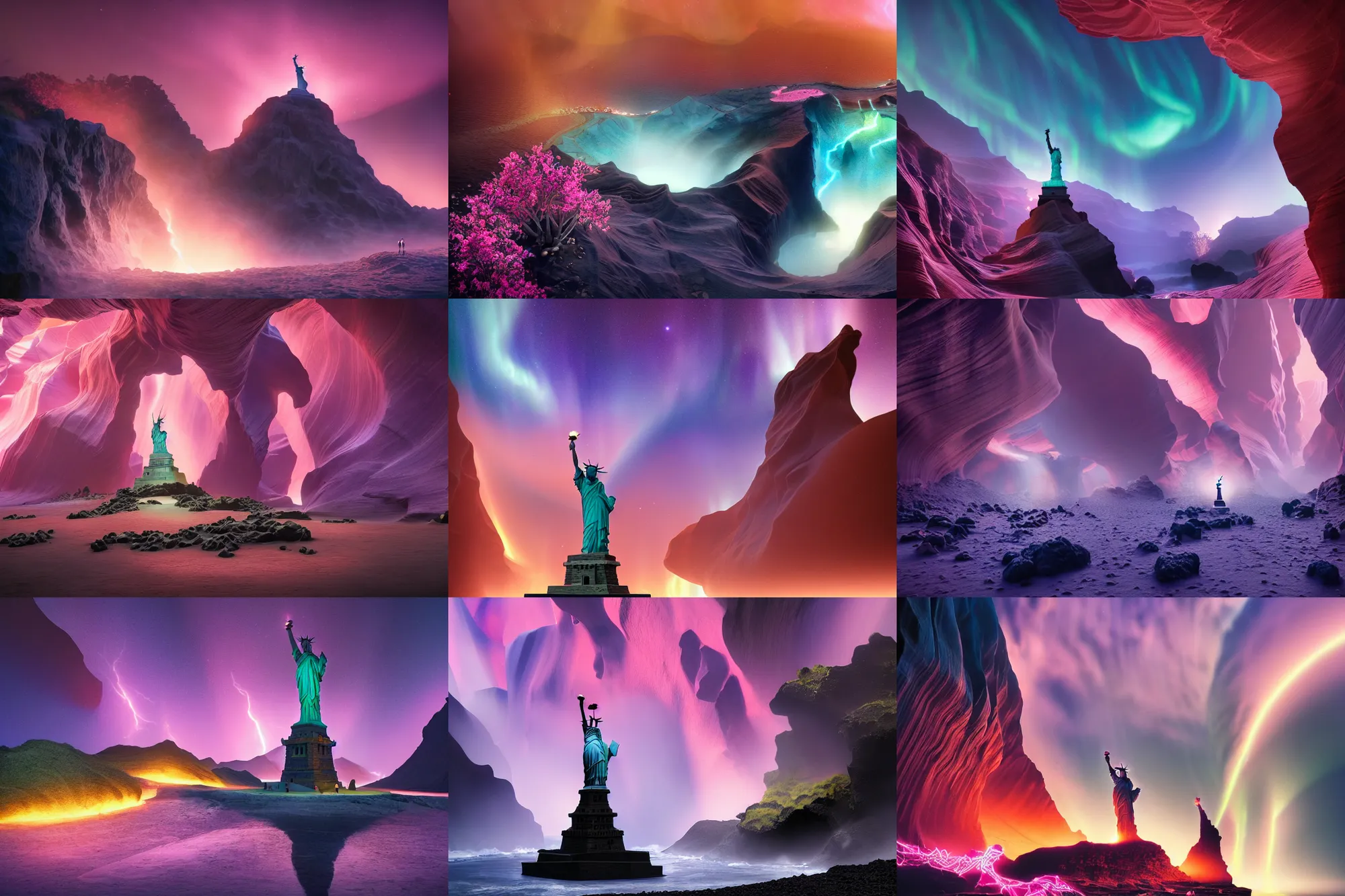 Prompt: statue of liberty on holokalani black beach of maui in royal blue antelope canyon during sakura season on an interstellar aurora borealis with heavy thunder and lightning, pink waterfalls, passion flower, by peter mohrbacher, james jean, james gilleard, greg rutkowski, vincent di fate, rule of thirds, octane render, beautiful landscape