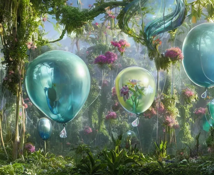 Image similar to transparent clear see - through image of twisting balloons, lush botany, floral environment, ultra realistic, concept art, art nouveau, photorealistic, octane render, 8 k, unreal engine. art by gustave dore and nori inoguchi and sam kaplan and zachary goulko and christopher marley and artgerm and alphonse mucha