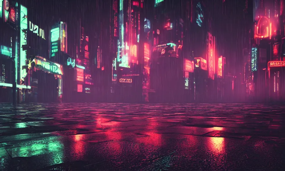 Prompt: a dark cyberpunk street scene with neon lights, raining, a lonely cyborg sits on the floor, unreal engine 5, shallow depth of focus, 4k uhd wallpaper