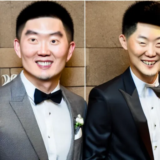 Image similar to cookie monster marrying justin sun, professional gay wedding photography