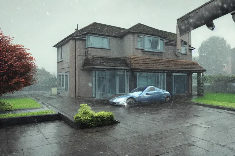 Prompt: cyberpunk, an estate agent listing photo, external view of a 5 bedroom detached city house in the UK, it's raining, car on the driveway, by Paul Lehr, highly detailed, photorealistic, unreal engine, 8k, anamorphic, cinestill cinematrography