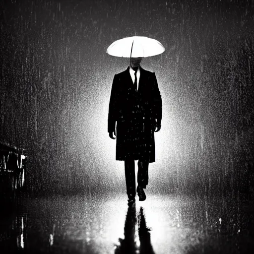 Image similar to A dramatic portrait of a detective in yellow rain coat , red umbrella , walking in a black and white street . Cinematic lighting