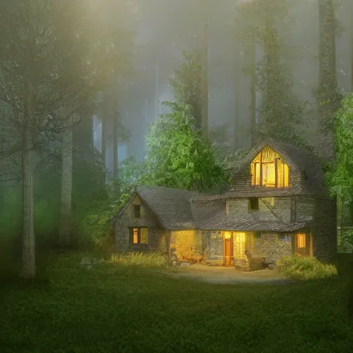 Prompt: cottage in clearing surrounded by trees, it is night, the windows are lit, concept art, aerial view, low fantasy